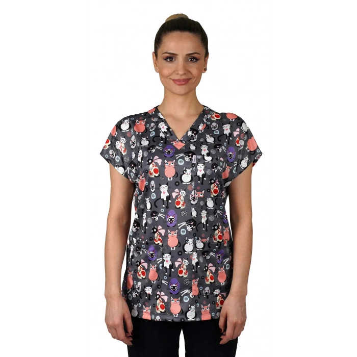 Scrubs cerrahi forma kadın tek üst yaramaz kediler