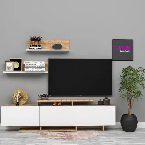 Kar Beyaz Üst Raflı Tv Ünitesi