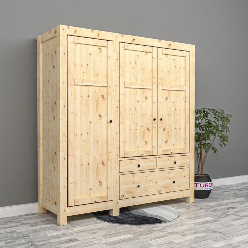 3 Kapılı Doğal Ahşap Gardrop