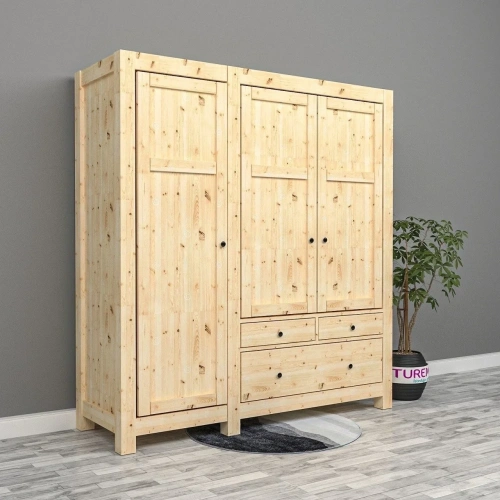 3 Kapılı Doğal Ahşap Gardrop Mdf