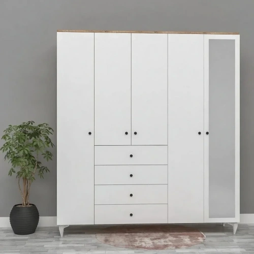 5 Kapılı 4 Çekmeceli Aynalı Gardırop Mdf