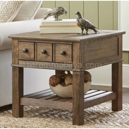 Doğal Ahşap Çekmeceli Yan Sehpa