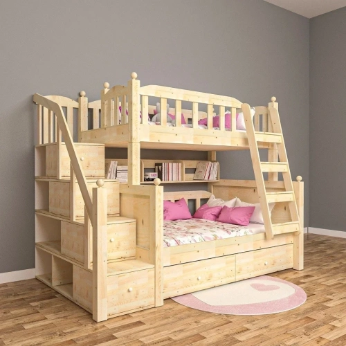 Doğal Ahşap Çift Merdivenli Ranza Mdf