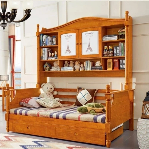 Doğal Ahşap Paris Kitaplıklı Karyola