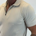 %100 Pamuk Şeritli Fermuarlı T-shirt Bej