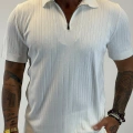 %100 Pamuk Şeritli Fermuarlı T-shirt Beyaz