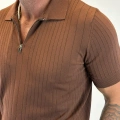 %100 Pamuk Şeritli Fermuarlı T-shirt Kahve