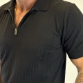 %100 Pamuk Şeritli Fermuarlı T-shirt Siyah