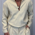 Modal V Yaka Uzun Kol Gömlek Krem