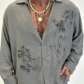 Özel Çiçek Nakış Detaylı Gömlek Gri