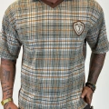 Plaid 7 V Yaka T-shirt Kahverengi Desenli
