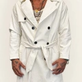 Pu Desenli Deri Trenchcoat Beyaz
