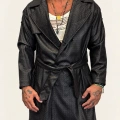 Pu Desenli Deri Trenchcoat Siyah