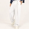 Rose Button Wide Leg Pileli Pantolon Beyaz