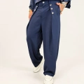 Rose Button Wide Leg Pileli Pantolon Lacivert