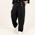 Rose Button Wide Leg Pileli Pantolon Siyah