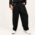 Rose Button Wide Leg Pileli Pantolon Siyah
