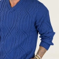 V-Line Cable Knit Kazak Mavi