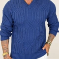 V-Line Cable Knit Kazak Mavi