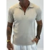 %100 Pamuk Şeritli Fermuarlı T-shirt Bej