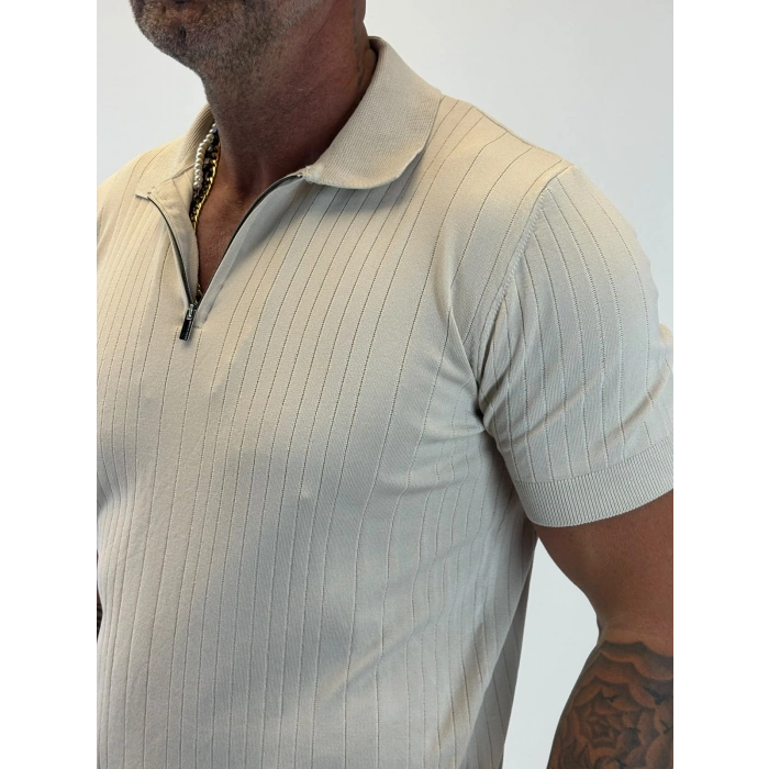 %100 Pamuk Şeritli Fermuarlı T-shirt Bej