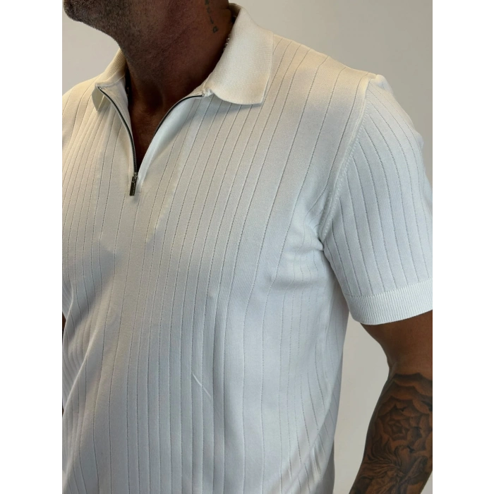 %100 Pamuk Şeritli Fermuarlı T-shirt Beyaz