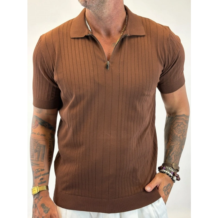 %100 Pamuk Şeritli Fermuarlı T-shirt Kahve