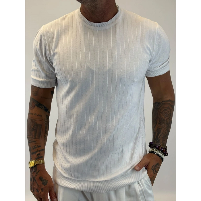 %100 Pamuk Triko Bisiklet Yaka T-shirt Beyaz