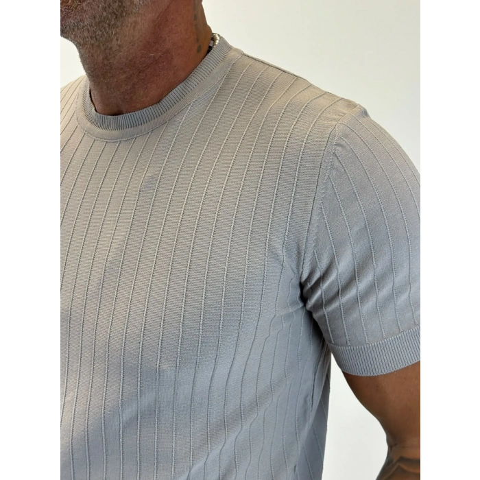 %100 Pamuk Triko Bisiklet Yaka T-shirt Gri