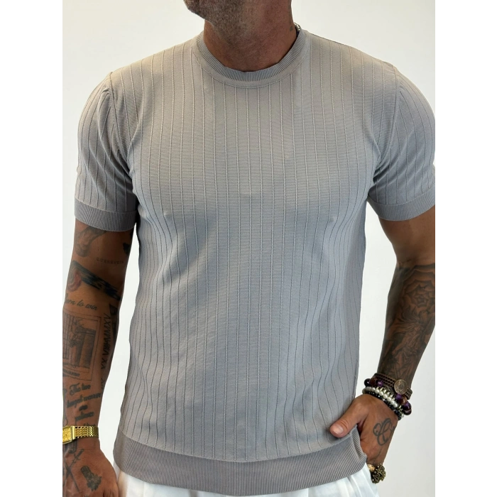 %100 Pamuk Triko Bisiklet Yaka T-shirt Gri