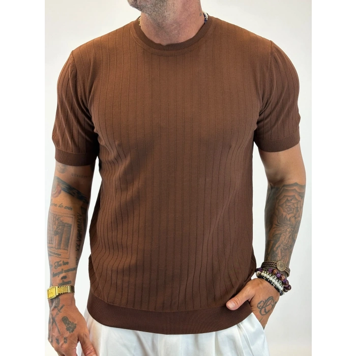 %100 Pamuk Triko Bisiklet Yaka T-shirt Kahve