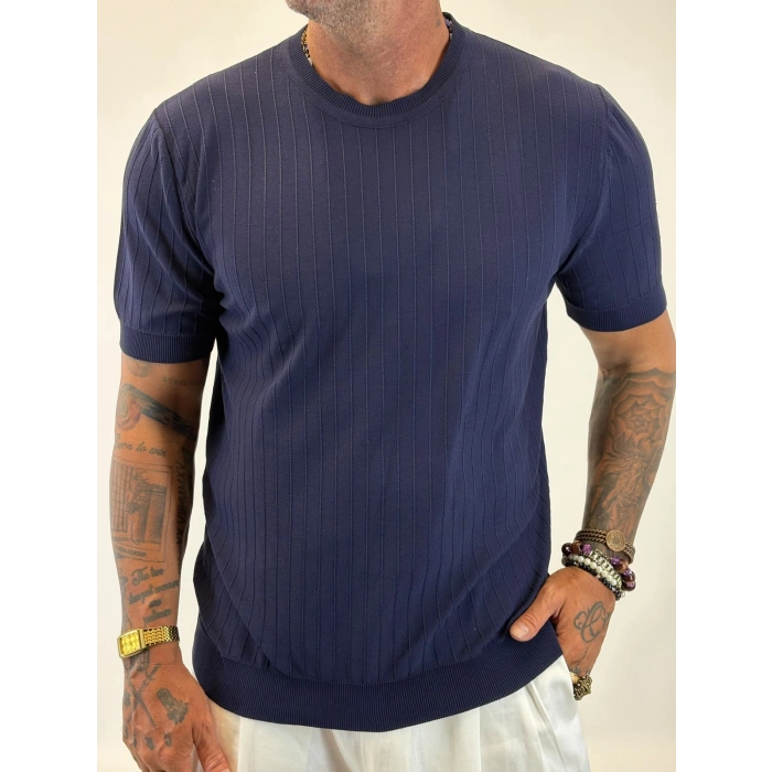%100 Pamuk Triko Bisiklet Yaka T-shirt Lacivert