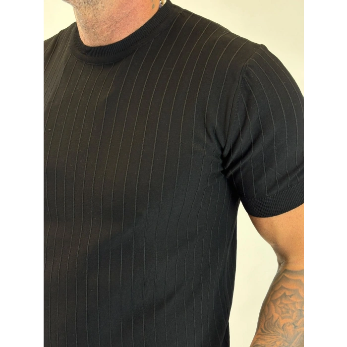 %100 Pamuk Triko Bisiklet Yaka T-shirt Siyah