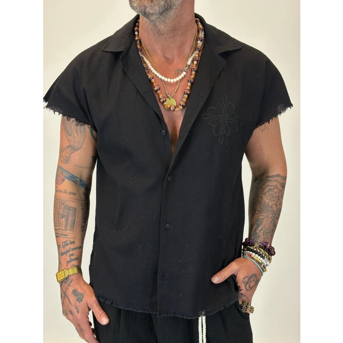 Hasır Nakış Detaylı Sleevless Gömlek Siyah