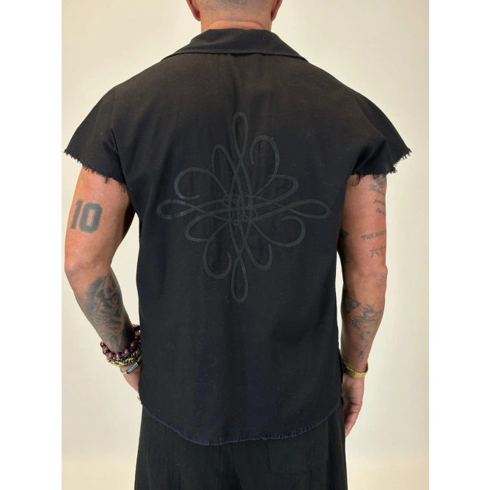 Hasır Nakış Detaylı Sleevless Gömlek Siyah