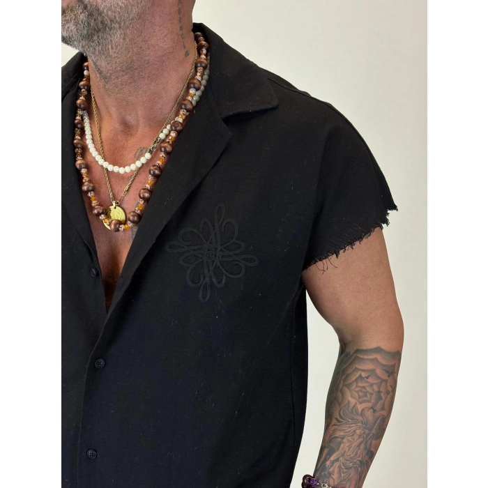 Hasır Nakış Detaylı Sleevless Gömlek Siyah