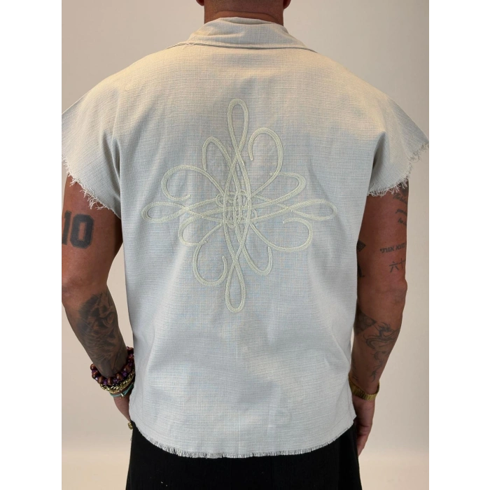 Hasır Nakış Detaylı Sleevless Gömlek Bej