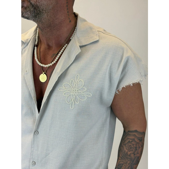 Hasır Nakış Detaylı Sleevless Gömlek Bej