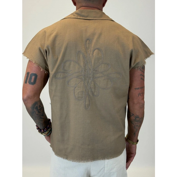 Hasır Nakış Detaylı Sleevless Gömlek Camel