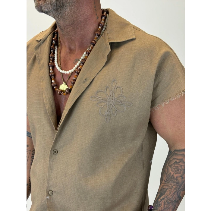 Hasır Nakış Detaylı Sleevless Gömlek Camel