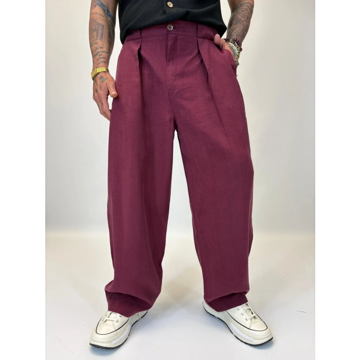 Organic Tesla Geniş Köprülü Pantolon Bordo