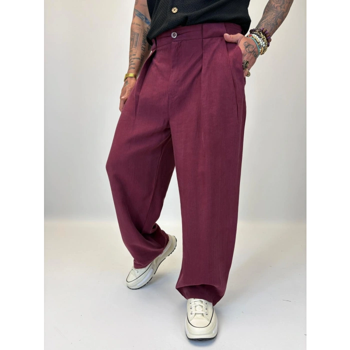 Organic Tesla Geniş Köprülü Pantolon Bordo