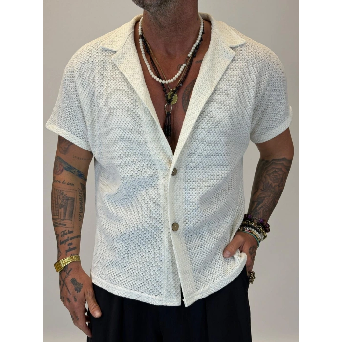 Yakası Açık Yarım Düğmeli Örme Gömlek Beyaz