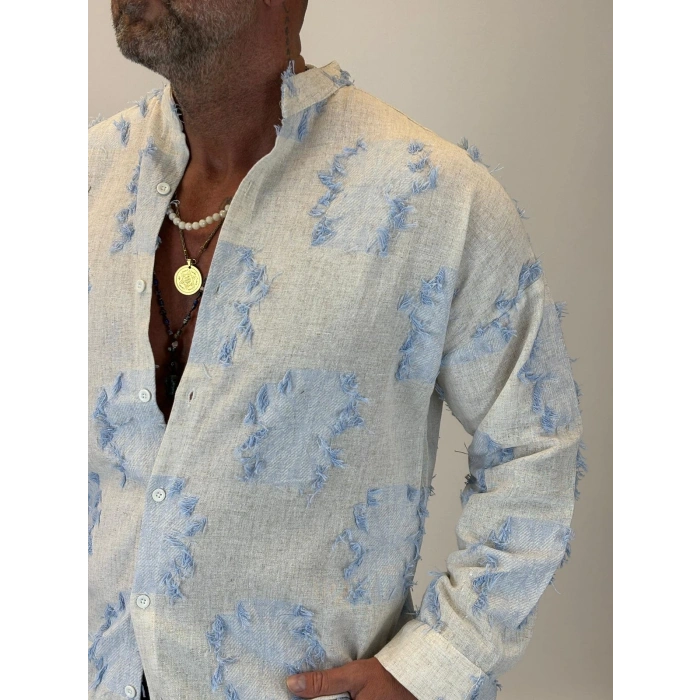 Hasır Örme Detaylı Gömlek Mavi