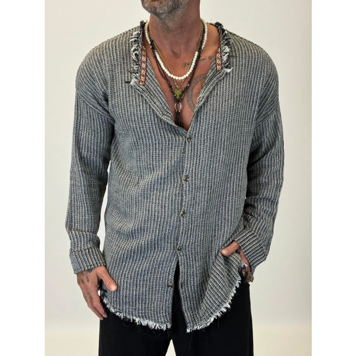 Hasır Bohem Şeritli Gömlek Antrasit