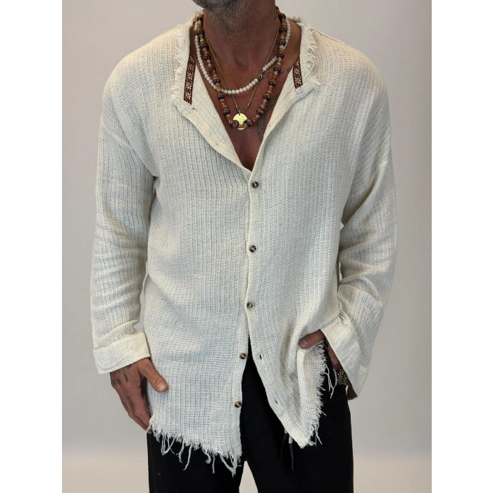 Hasır Bohem Şeritli Gömlek Ekru