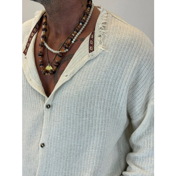 Hasır Bohem Şeritli Gömlek Ekru