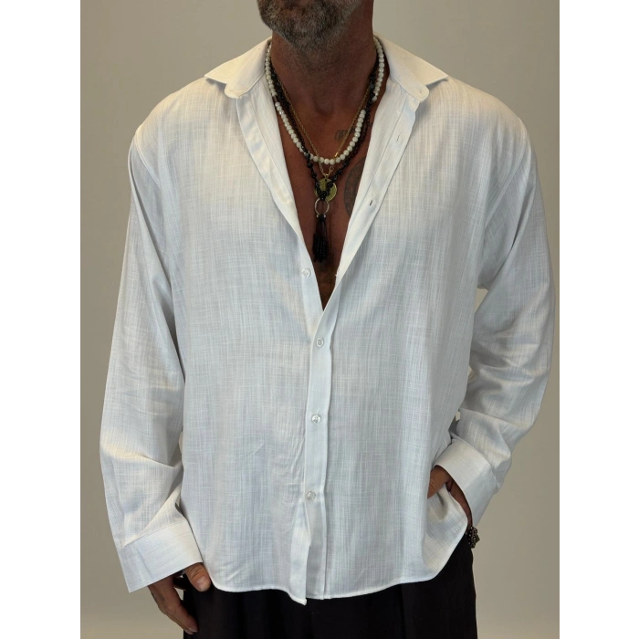 Organic Keten Relax Fit Gömlek Beyaz