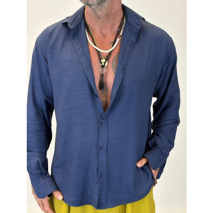 Organic Keten Relax Fit Gömlek Lacivert