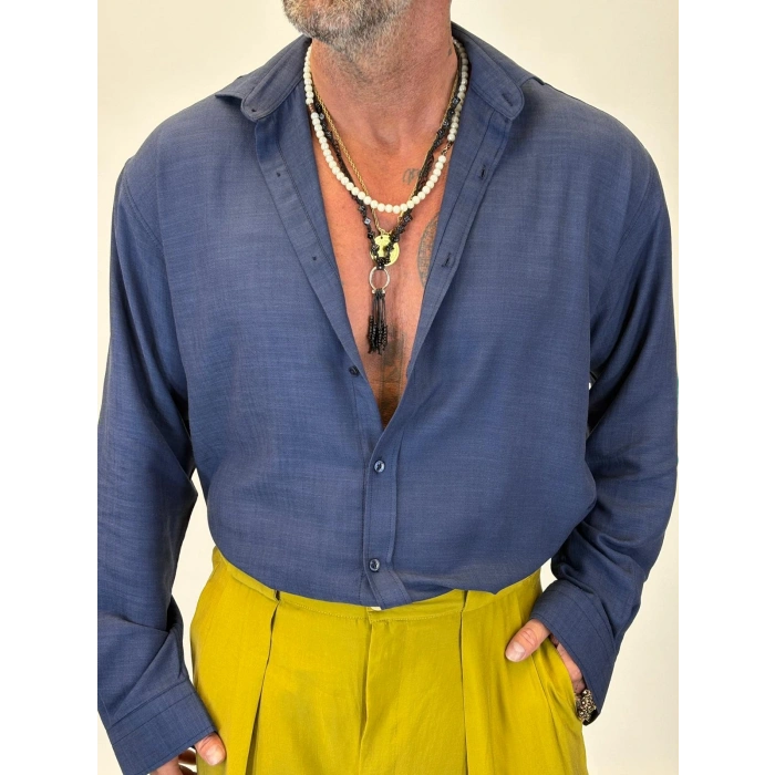 Organic Keten Relax Fit Gömlek Lacivert